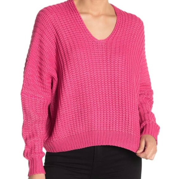 Elan Sweaters - Elan Fuschia Pink V-neck Relaxed Knitted Sweater One Size
